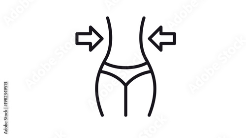 Minimalist black line vector icon illustration of a slim female waist with arrows pointing inward, symbolizing weight loss, dieting, fitness goals, and body transformation on white background.