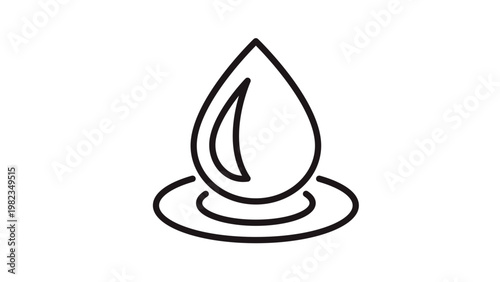 Minimalist black line art vector icon of a single water drop falling into a pool and creating ripples, clean symbol for liquid, hydration, moisture, oil, or fuel, scalable graphic illustration.