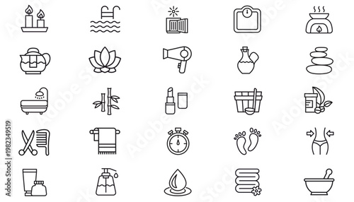 25 Minimalist Black Line Vector Icon Set: Spa, Wellness, Beauty, and Healthy Lifestyle Collection featuring Skincare, Fitness, Hygiene, Kitchenware, Grooming, Zen Stones, Lotus, and Sauna Symbols.