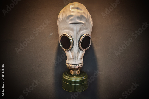 Antique Rubber Gas Mask Close Up With Filter For Protection