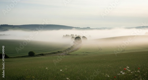 Rolling green hills shrouded in morning mist under a hazy sky