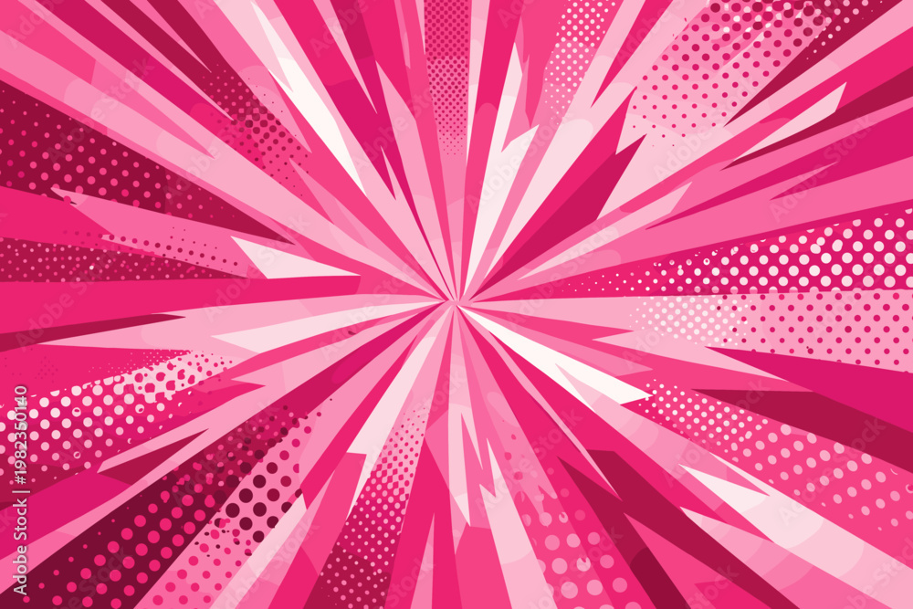 Fototapeta premium Explosive pink abstract background with sharp geometric shapes and halftone dots