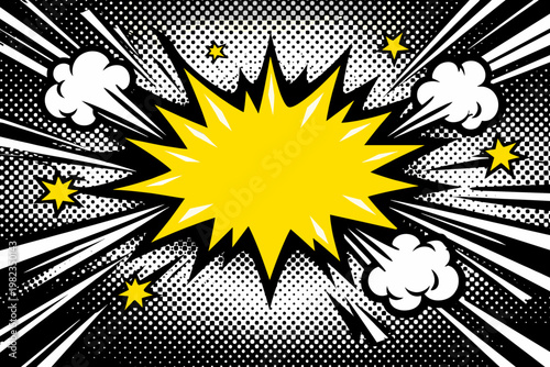 Retro comic book explosion with yellow starburst and halftone dots