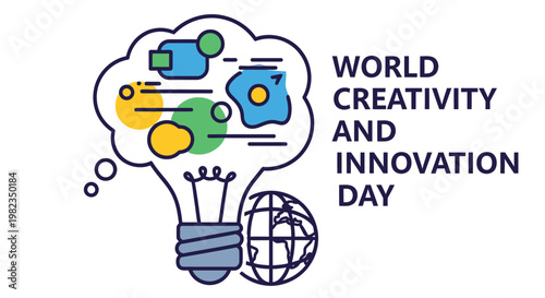 A lightbulb shaped thought bubble with shapes and a globe representing world creativity day