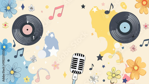 Vinyl records with colorful abstract background and musical notes