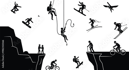 Silhouette collection of extreme sports enthusiasts performing daring stunts and outdoor activities on a clear white background