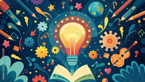 A vibrant illustration of a lightbulb surrounded by colorful floating books and ideas