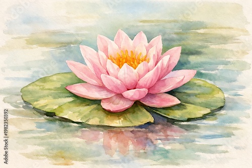 Pink water lily on green leafy pond watercolor painting green lily pad yellow stamens