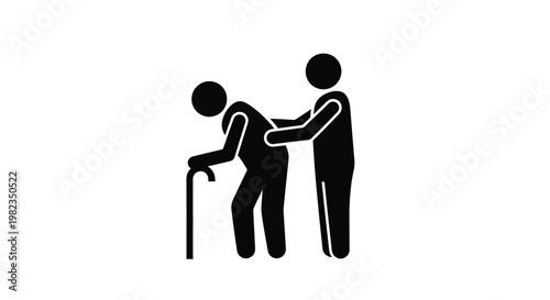 Dedicated professional caregiver providing essential physical support to an elderly person walking with a wooden walking cane