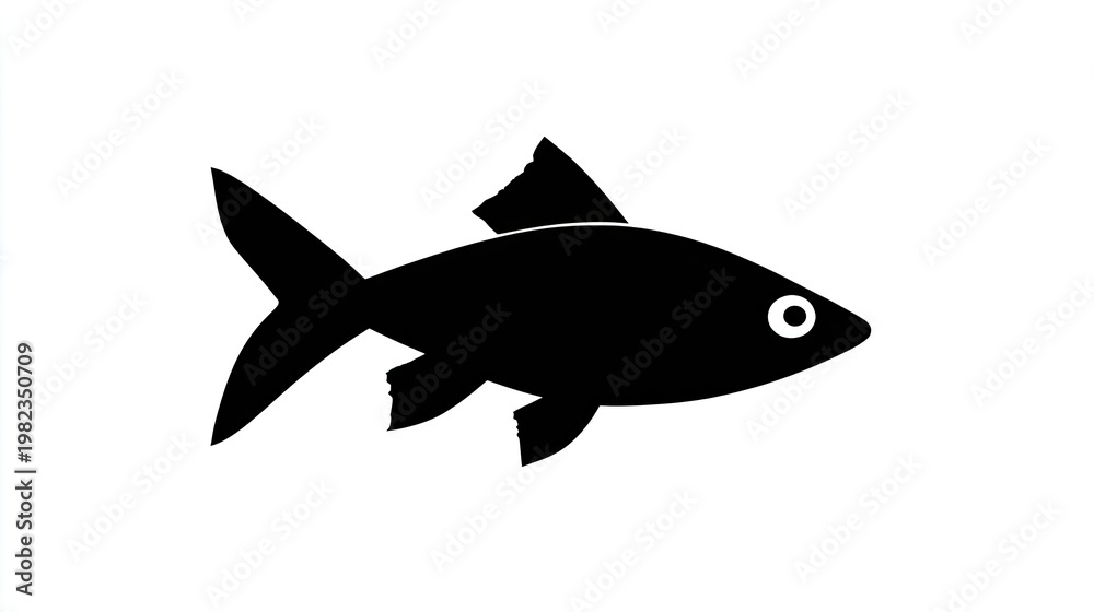 Fototapeta premium Simple black silhouette graphic depicts a small fish swimming to the right side