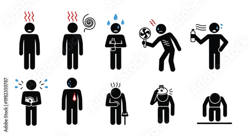 A collection of stick figures illustrating various common human ailments, heatstroke symptoms, and general discomfort conditions