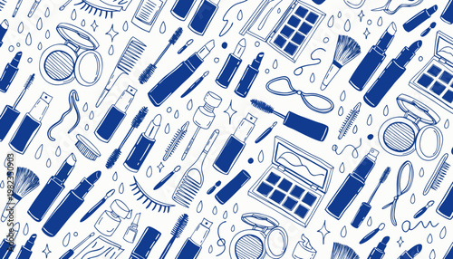 A seamless pattern of cosmetic and beauty items. It features blue outline illustrations of lipsticks, mascara wands, makeup brushes, eyeshadow palettes, nail polish bottles, combs, and small jars.