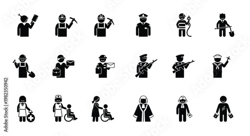Collection of professional worker icons representing various career paths and diverse job roles for modern graphic designs