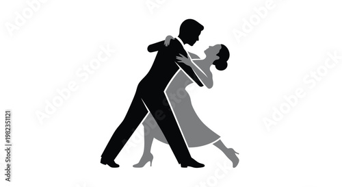 Elegant couple performing a graceful ballroom dance in a stylized black and gray silhouette vector illustration design