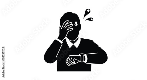 Stressed person checking time on watch feeling overwhelmed by a busy schedule or a tight project deadline