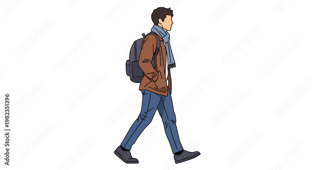 Fototapeta premium Young male student wearing a warm jacket and a blue scarf walking with a heavy black backpack