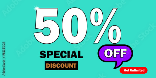 Vibrant discount advertisement with 50 percent off special offer on teal background