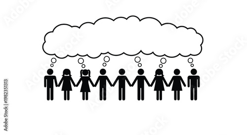 Diverse group of people holding hands while sharing a single large empty thought bubble for creative ideas