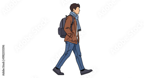 Young male student wearing a warm jacket and a blue scarf walking with a heavy black backpack