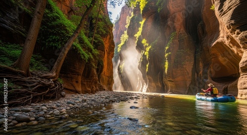 Scenic river canyon landscape with boat and sunlight