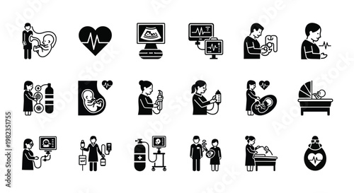 Comprehensive collection of pregnancy, maternity, and newborn baby care black glyph icons set
