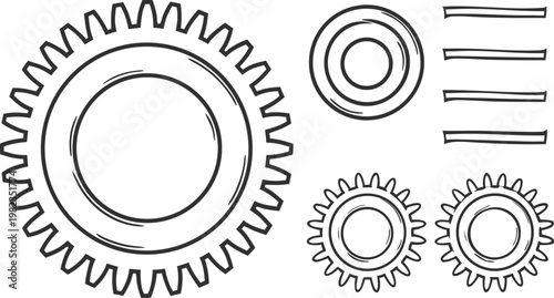 Hand drawn of mechanical gears and cogs on a white background
