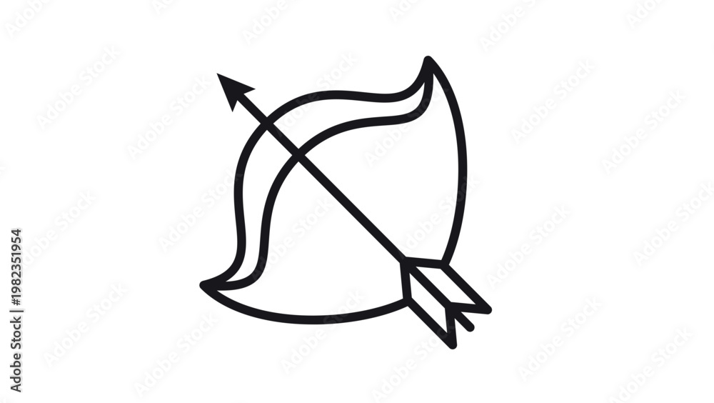 Αυτοκόλλητο Black minimalist vector icon of a bow and arrow, featuring a stylized curved bow design with a nocked arrow pointing diagonally upwards, isolated on a white background for graphic design