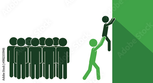 One person helping another figure climb over a tall wall while others watch from the side area