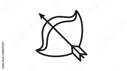 Принти на полотні Black minimalist vector icon of a bow and arrow, featuring a stylized curved bow design with a nocked arrow pointing diagonally upwards, isolated on a white background for graphic design