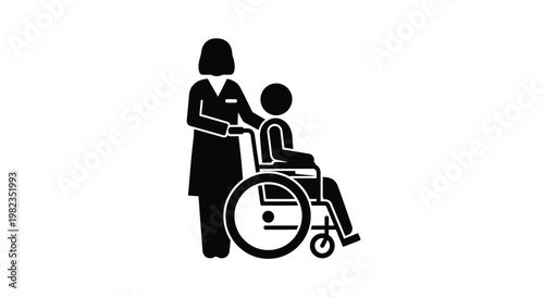 Caregiver pushing a patient in a wheelchair, illustrating support and assistance in healthcare and medical settings