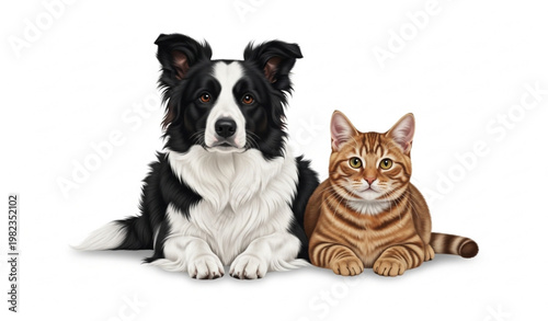 Border Collie dog and tabby cat lying together realistic adorable pets PNG isolated on white