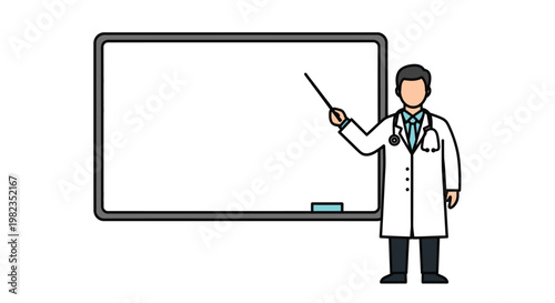Professional doctor in white medical coat standing and pointing at empty whiteboard for healthcare presentation board display