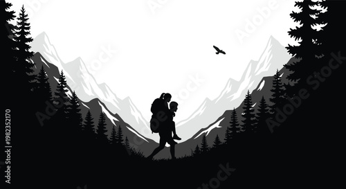 Lone wanderer and companion a silhouette against a bright mountain vista