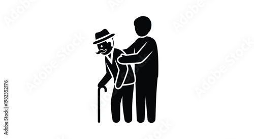 Caring person providing support to an elderly man with a walking stick, symbolizing intergenerational care.