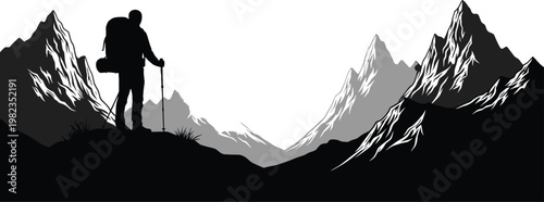 Lone hiker silhouette against majestic mountain range at sunset