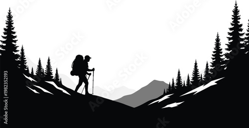 Lone hiker silhouette in mountainous landscape with pine trees and snow
