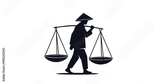 Traditional Asian worker in a conical hat carrying two heavy baskets balanced on a shoulder pole.
