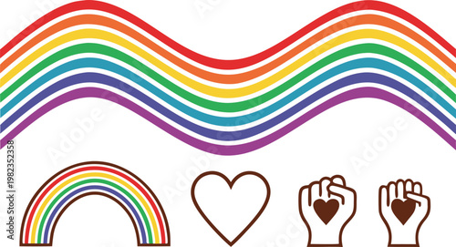 Rainbow wave pattern with heart and human hands holding hearts for pride and unity