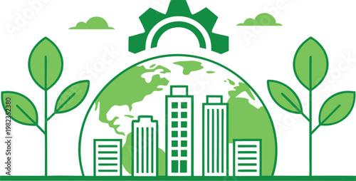 Green sustainable city concept with buildings, globe, gear, and leaves on white background