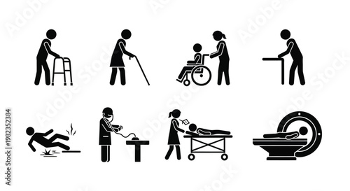 Diverse medical icons depicting patients receiving care assistance and undergoing diagnostic scans in a clinical healthcare environment