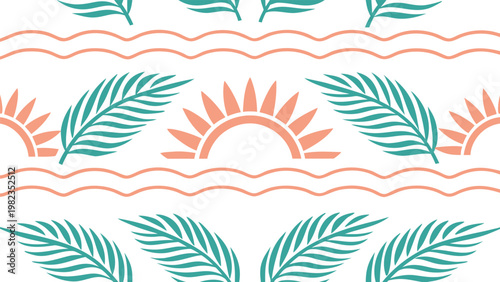 Seamless pattern with tropical palm leaves, wavy lines, and rising sun in pastel tones