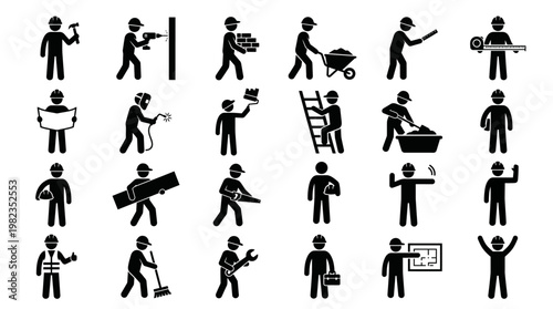 Construction Worker Silhouette Icon Set 20 Builder Labor Vector Collection