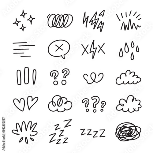 Minimalist hand drawn doodle emotion and emphasis symbol set for digital journaling, comic illustration, sticker design, and social media content