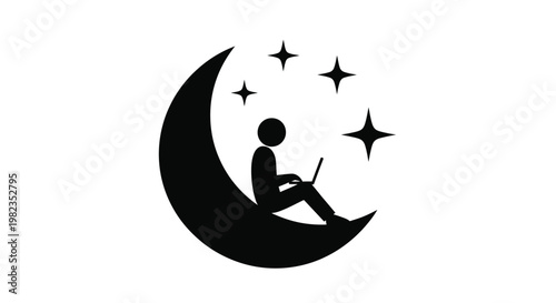 Person sitting on a crescent moon while working on a laptop computer during the dark night sky