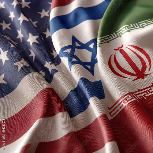 Three Waving Flags of the USA, Israel, and Iran