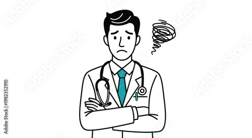 Sad male doctor with a stethoscope around his neck feeling stressed and overwhelmed by heavy work pressure
