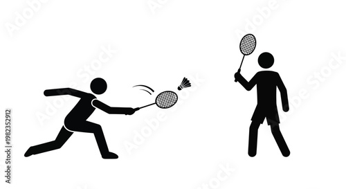 Stick figure icons depicting two people actively playing badminton with rackets and a shuttlecock.