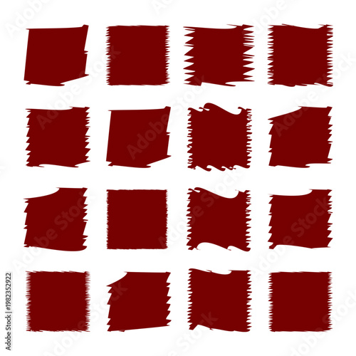 grunge brush square frames set, abstract red paint stroke textures pack, rough ink border shapes collection, modern hand drawn grunge frame elements