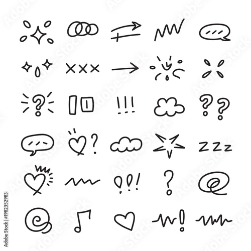 Expressive hand drawn doodle symbol set for comic design, social media content, digital sticker packs, and creative journaling decoration projects