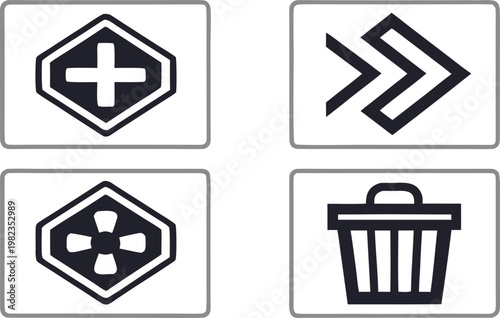 Four square featuring medical cross, arrow, fan, and trash can symbols in black and white